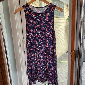 Navy Floral Print Cotton Tank Top Dress with Pockets
